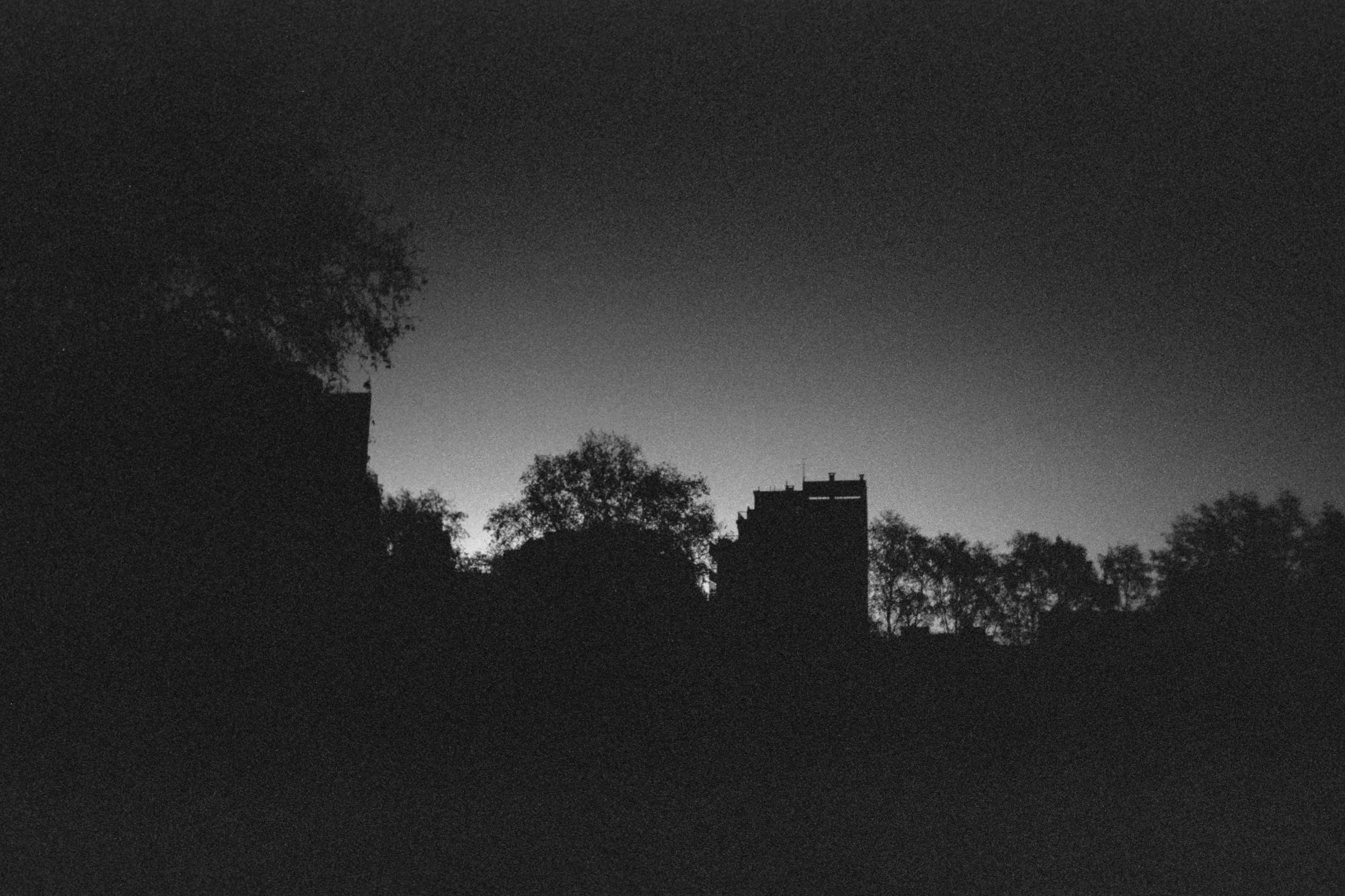 black and white city landscape in sunset hour